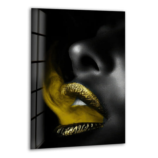 A striking black woman's face with shimmering golden lips is set against a vast expanse of negative space, enhancing this home decoration.