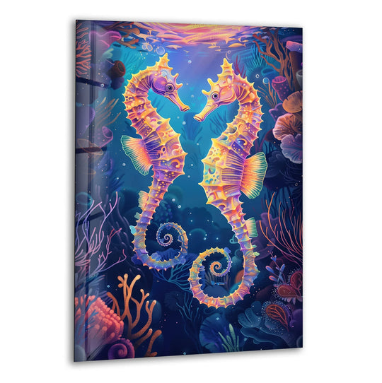 The glass wall art shows orange sea horses in a marine scene and it is animal art and ocean inspired art for stylish coastal decor
