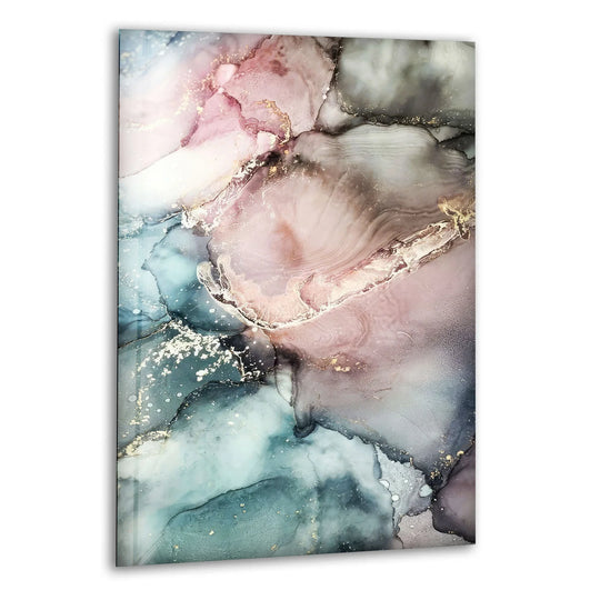 Ethereal swirls of pink, gray, and blue in this glass art painting evoke a serene and tranquil mood.