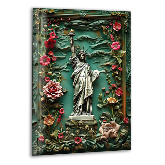 Vertical glass wall art featuring the Statue of Liberty amid lush floral elements, a classic symbol of freedom.
