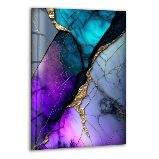 Abstract glass printing showcasing purple and teal marble with intricate gold veining.