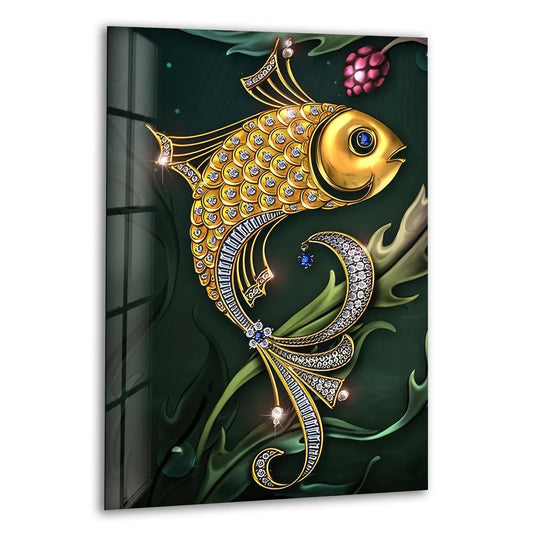 Animal glass wall art showing a golden fish with jewel accents and shiny finish with sparkling luxury and sophisticated animal paintings