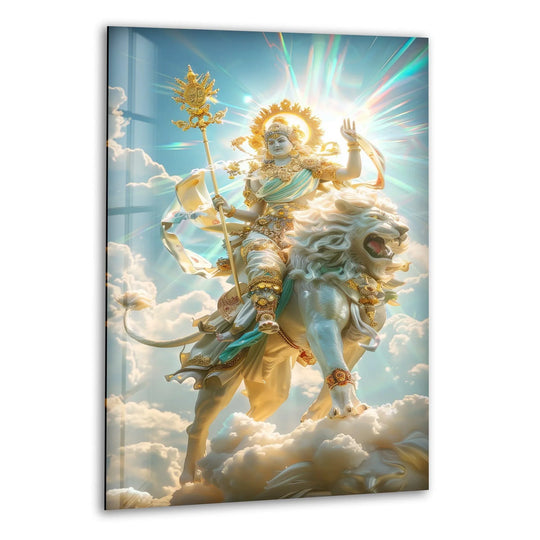 Religion glass wall art depicts Hindu Lion God artwork and radiant religious art and lasting tempered glass brilliance