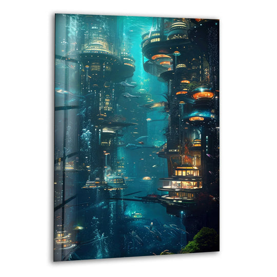 A stunning glass wall art print depicts a luminous underwater metropolis with smooth, reflective surfaces.
