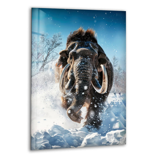 A majestic mammoth charges through geometric snowdrifts on this striking glass art piece.