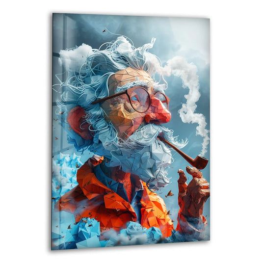 Abstract mosaic man in abstract cloudy sky, surrounded by negative space, is a print wall art.