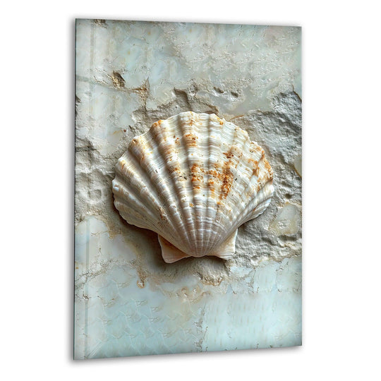 A solitary oyster shell is artfully placed on a textured, pale background, creating significant negative space in this decorative wall art.