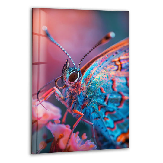 Close-up glass printing of a vibrant blue and orange butterfly with pink accents on soft pink and teal backgrounds.