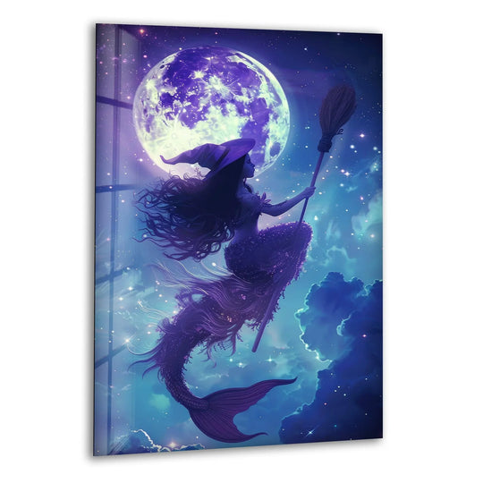 Enchanting mermaid witch on a broomstick against a luminous moon and starry sky, rendered as mesmerizing glass wall art decor.