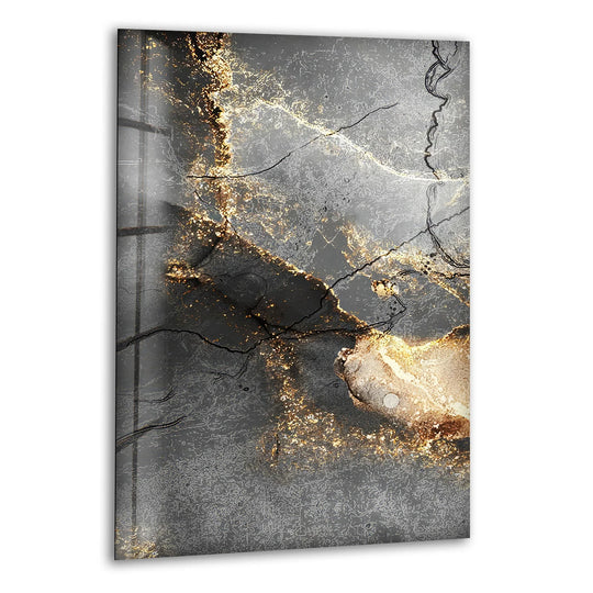 Dark gold alcohol ink glass wall art features a bright, glowing area with intricate textures.