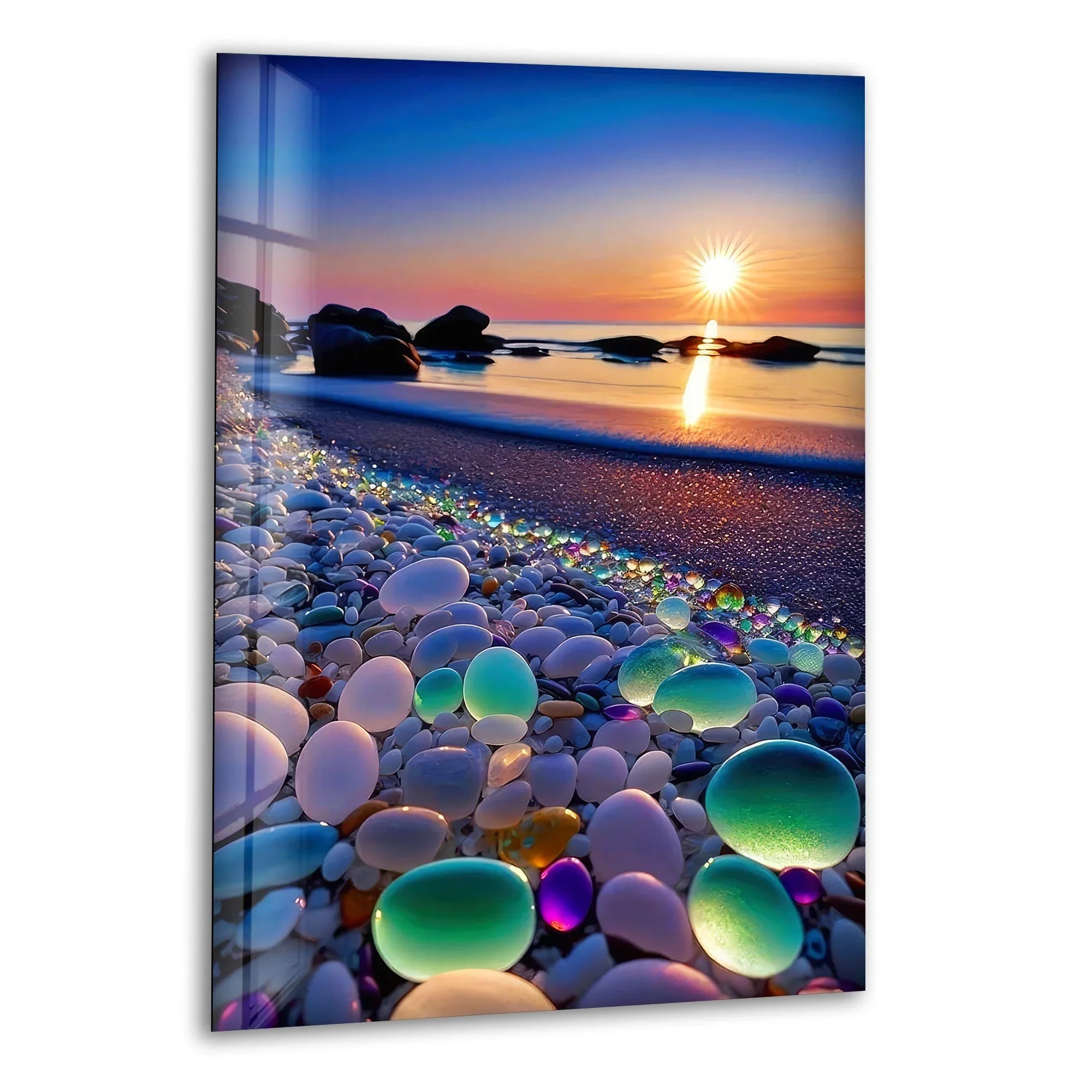 Glass Pebble Beach Glass Wall Art - Dreamy Sunset Over Colorful