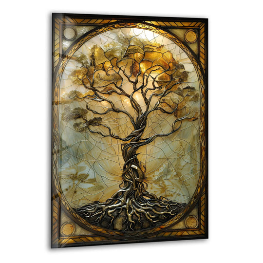 Detailed tempered glass wall art features a golden tree with intricate branches and textured roots against a marbled background.