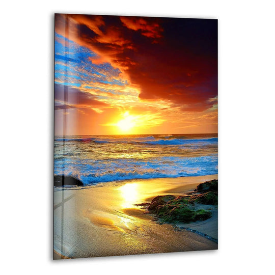 The landscape glass wall art shows golden sunset waves and a vibrant coastal scene perfect as beach themed wall decor