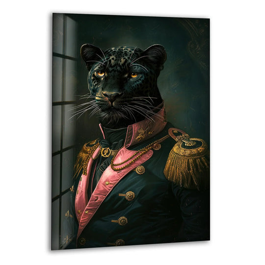 A black panther in a dark military uniform with gold trim, depicted on dark glass wall art decor.