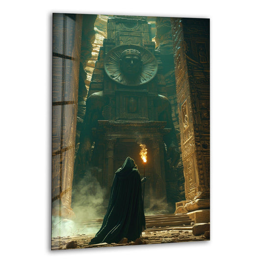 A cloaked figure holding a torch stands before a colossal ancient statue, rendered as art from glass.