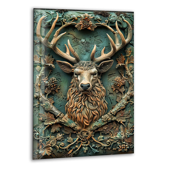 Vibrant, richly saturated hues define this vintage deer picture glass wall art, showcasing a majestic stag amidst lush, colorful foliage.
