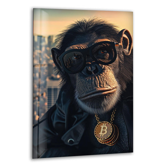 A cool monkey wearing sunglasses and a bitcoin necklace adorns this glass wall art.