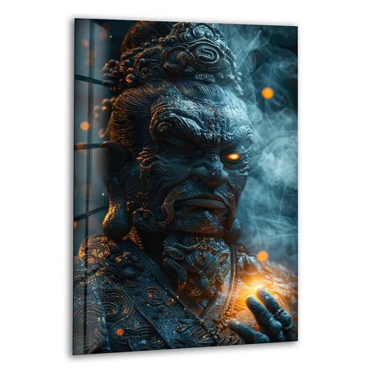 Intense orange glowing eyes and fiery particles pop against the deep, saturated blues and dark stone textures of this striking Japanese Buddha best glass art.