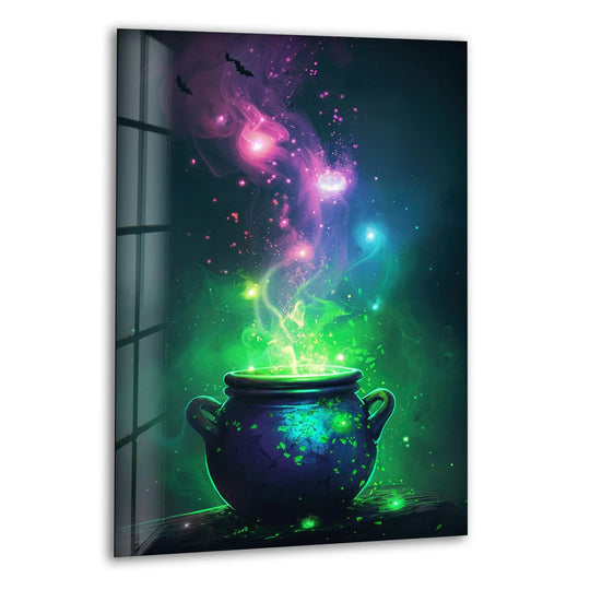 A dark blue witch's cauldron made of glass wall art with a textured surface emits glowing green and pink magical smoke, perfect for mystical home decor.