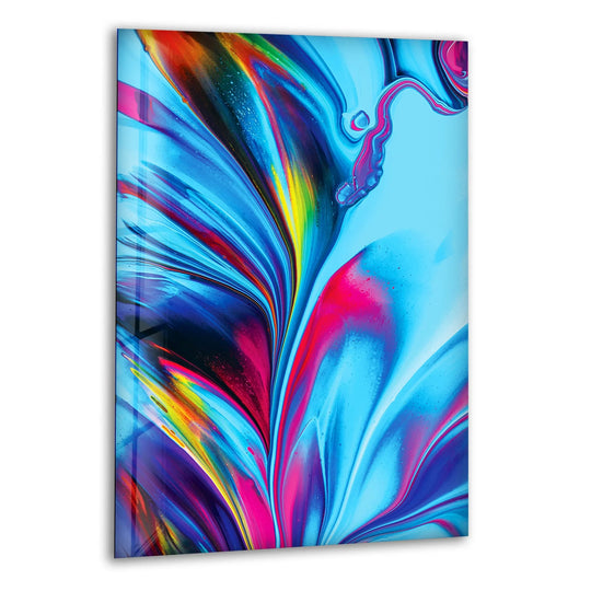 Abstract swirls of sapphire, magenta, and crimson create a dynamic, fluid art from glass.