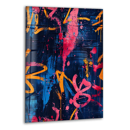 Abstract graffiti art with vibrant pink and orange accents creates dynamic bursts against deep navy negative space, offering unique modern wall decor.