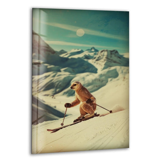 A meerkat skier slides down a snowy mountain slope, showcasing negative space in this glass printing.