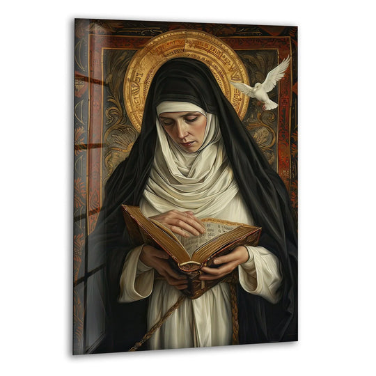 Rich color saturation brings depth to this Teresa in Praying glass art painting, enhancing the serene figure with a golden halo and the dove of peace.