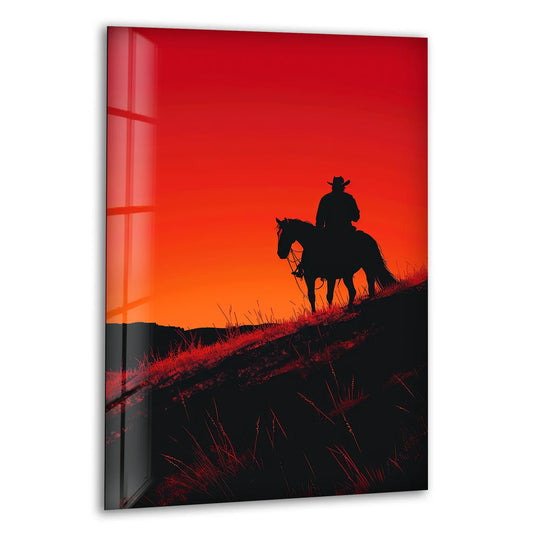Layers of the red sunset add depth to this western rider silhouette glass wall art, showcasing high-quality glass printing for a minimal desert scene.