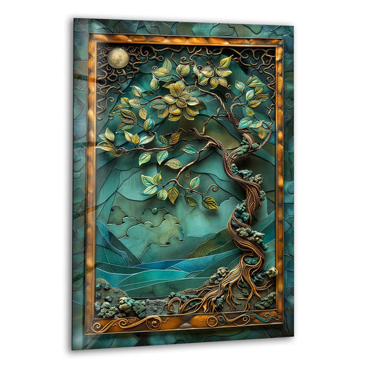 Featuring stylized mountains and waters in hues of teal and blue, the background complements this vintage tree picture, creating a serene hanging wall art piece.