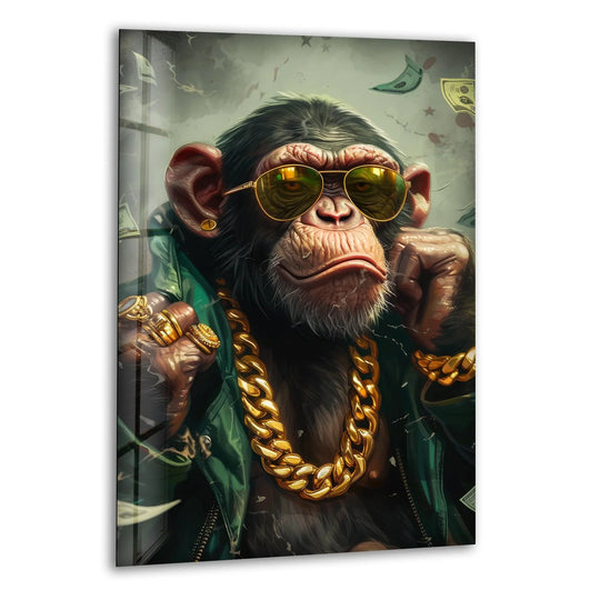 A stylized gangster monkey adorned with gold chains and rings emerges from the organic forms of this art from glass.