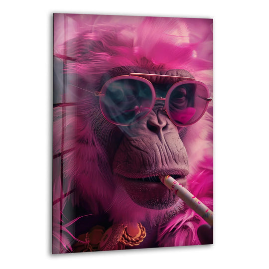 Bold pink monkey with sunglasses and a cigarette becomes the loudest element in this glass printing artwork.