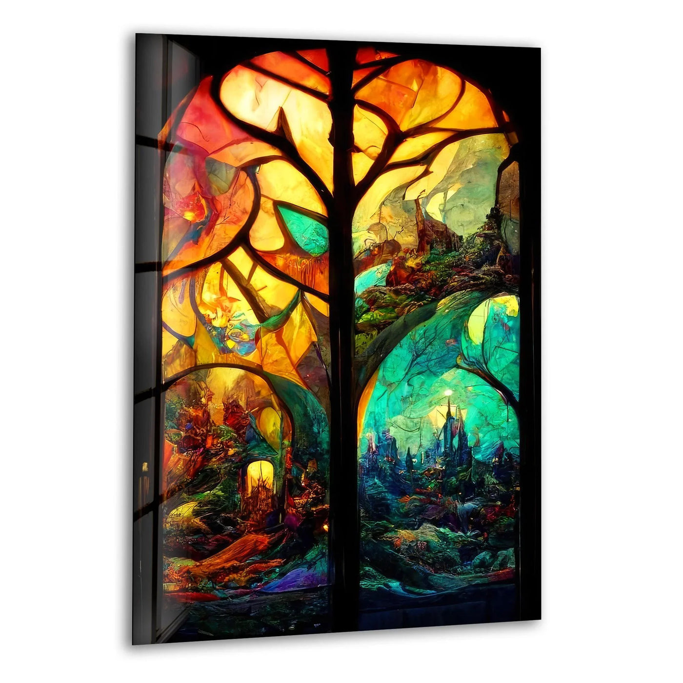 Showcasing the abstract quality, this 'Forest & Castles' stained wall art prints blends fantasy with gothic architecture in vibrant, artistic color and pattern play.