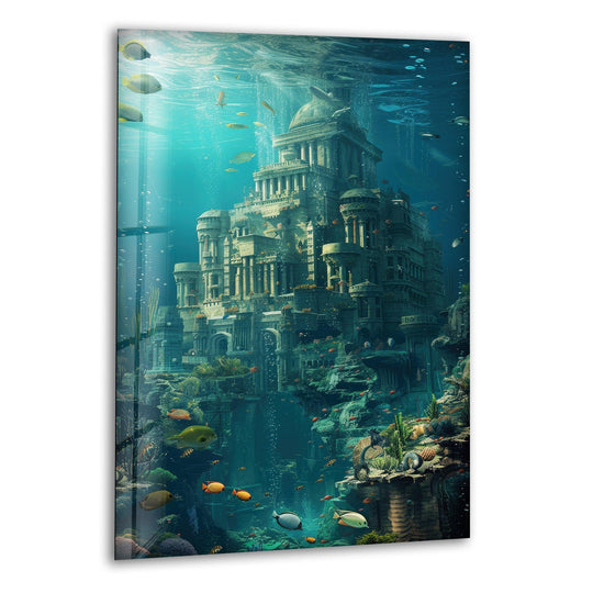 Vibrant golden fish and deep blue hues create a striking color contrast on this underwater Atlantis home decor.