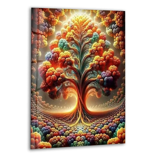 Vibrant clusters of colorful fractal flowers form a fractal tree of life on this striking colored glass hanging wall art.
