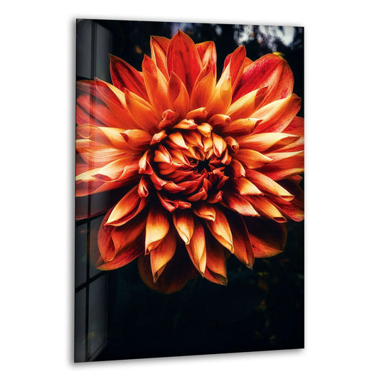 The softest petals of an orange dahlia bloom in art from glass.