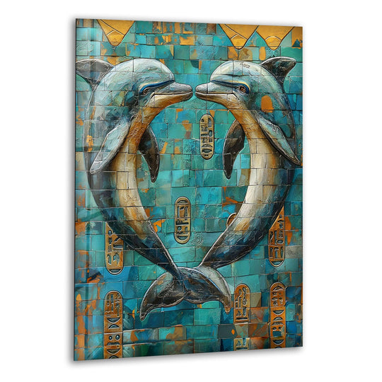 Whimsical mosaic dolphins embrace in a serene, aquatic ballet, captured in vibrant glass printing.