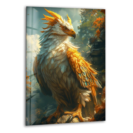 The eagle glass wall art shows a majestic bird with gold and white feathers and is wildlife art for living room decor