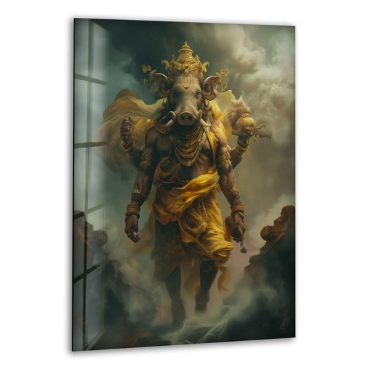 Realistically detailed, the Gambar Ganesha glass wall art offers unique modern wall decor with an ultra-high definition, divine depiction of a Hindu deity.