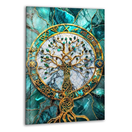 Golden & Blue Life of Tree Glass Wall Art print on glass, glass printed photos