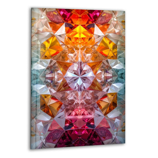 Intricate geometric facets of orange, pink, and crystal clear glass create a mesmerizing print wall art with kaleidoscopic depth.