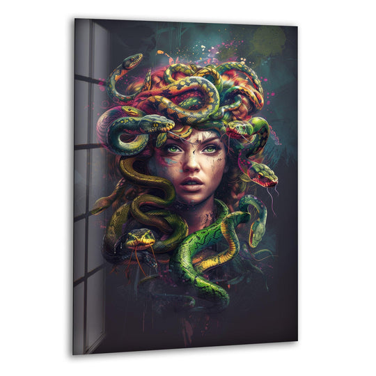 The darkest area of this glass wall art features swirling shadowy tones and subtle hints of abstract shapes beneath a dramatic Medusa portrait.