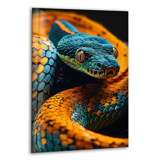 Vivid blue snake art on glass printing showcases negative space behind its coiled body and striking head.
