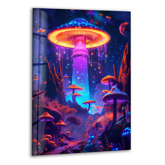Vibrant neon and deep cosmic blues create a striking color contrast in this mystical ufo mushroom glass wall art.