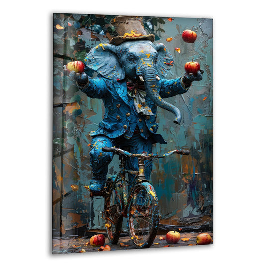 Circus Elephant glass wall art shows an elephant on a bicycle juggling apples and it is a whimsical decor and elephant wall art decor