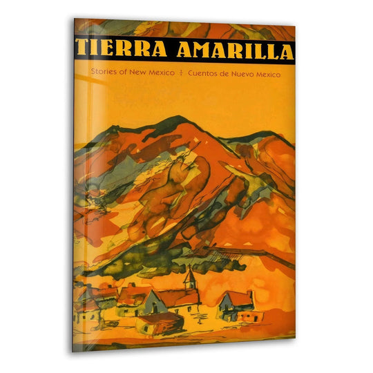 Densely saturated oranges and greens dominate this vibrant glass art book cover with striking Southwestern mountain and village imagery.