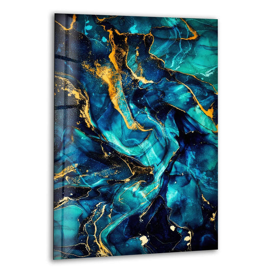 Exquisite glass art featuring flowing navy and emerald inks with shimmering gold accents, printed on high-quality glass.