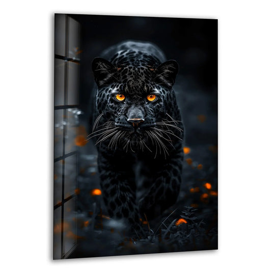 Black java leopard glass wall art with a windowpane border and glowing orange accents.