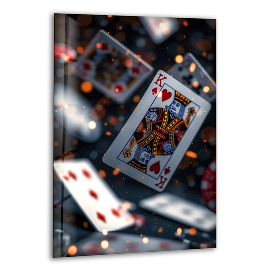 A dynamic king of hearts card floats in layered depth against blurred bokeh lights, showcasing exceptional glass art.