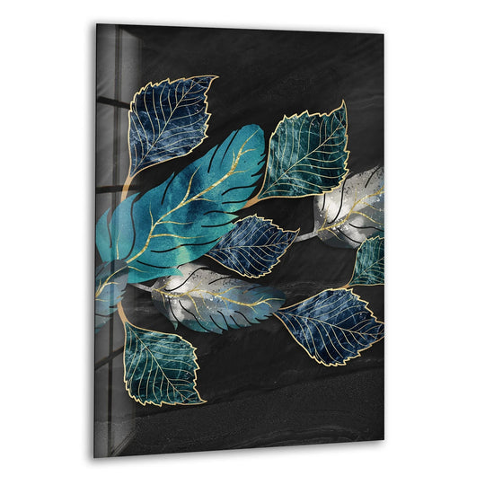 Aesthetic botanical mood emanates from this blue-turquoise and golden lines leaves glass wall art, enhanced by the sleek, modern glass printing.