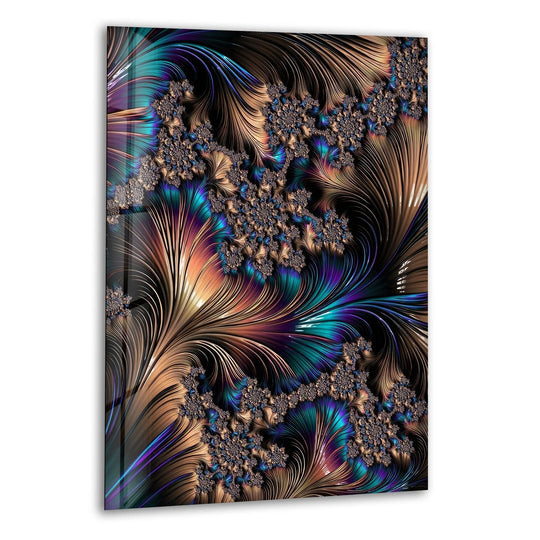Glass wall art showcasing a realistic copper abstract fractal with intricate swirling patterns and shimmering aqua and violet hues.
